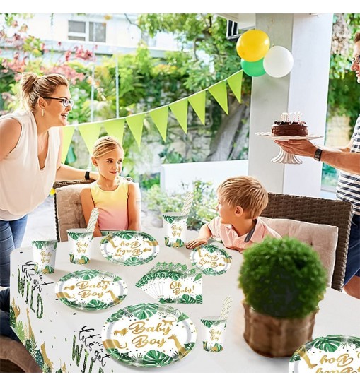 US 120pcs Jungle Animals Tableware Set Includes Plates Napkins Cups Straws Jungle Theme