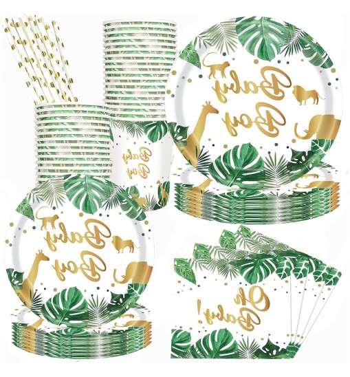 US 120pcs Jungle Animals Tableware Set Includes Plates Napkins Cups Straws Jungle Theme
