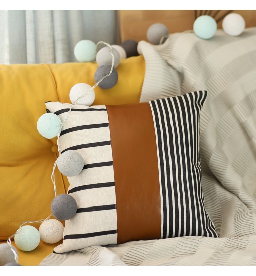 Faux Leather And Monochromatic Stripes Decorative Pillow Cover
