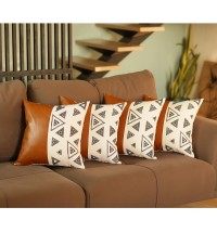 Set Of 4 Triangle And Brown Faux Leather Pillow Covers