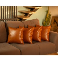 Set Of 4 Brown Faux Leather 22" Pillow Covers