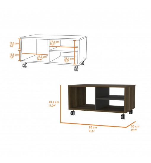 32" Walnut and Black Open Rectangular Coffee Table With Three Shelves