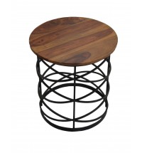 19" Black And Brown Solid Wood And Iron Round End Table