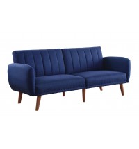 76" Blue Linen And Wood Brown Sleeper Sofa