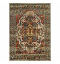8' X 11' Red Gold Orange Green Ivory Rust And Blue Oriental Power Loom Stain Resistant Area Rug
