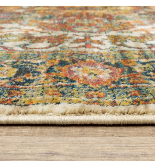 8' X 11' Red Gold Orange Green Ivory Rust And Blue Oriental Power Loom Stain Resistant Area Rug