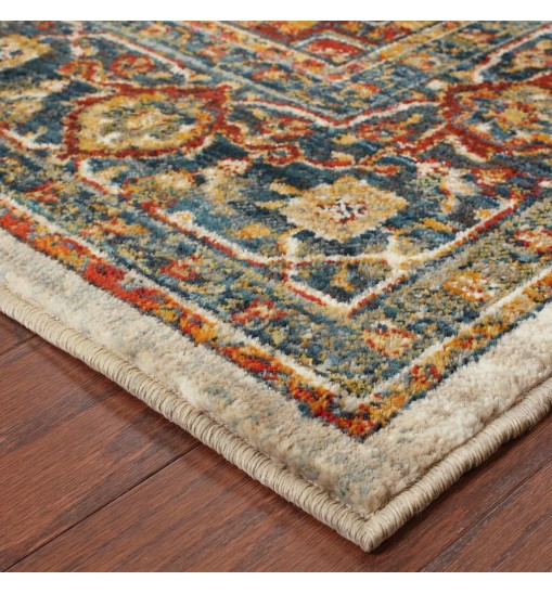 8' X 11' Red Gold Orange Green Ivory Rust And Blue Oriental Power Loom Stain Resistant Area Rug