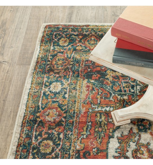 8' X 11' Red Gold Orange Green Ivory Rust And Blue Oriental Power Loom Stain Resistant Area Rug