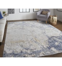 2' X 3' Tan And Blue Abstract Power Loom Distressed Area Rug