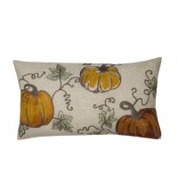 12" X 20" Green and Orange Thanksgiving Pumpkin Linen Blend Zippered Pillow With Embroidery