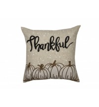 14" X 14" Beige and White Thanksgiving Pumpkin Linen Blend Zippered Pillow With Applique