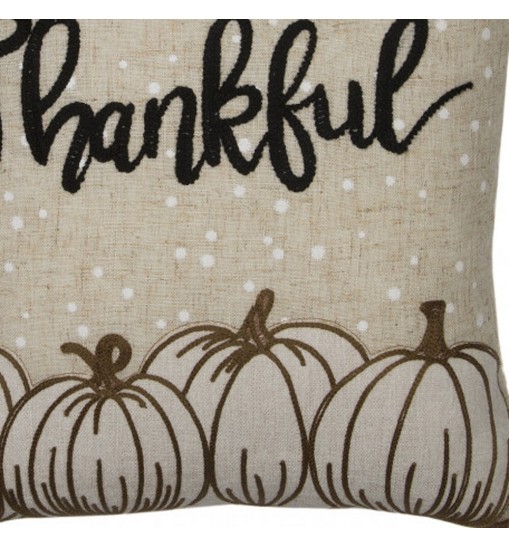 14" X 14" Beige and White Thanksgiving Pumpkin Linen Blend Zippered Pillow With Applique