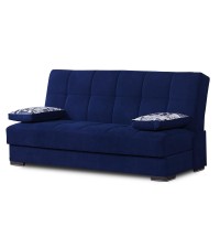 42" Blue Chenille And Brown Convertible Futon Sleeper Sofa With Toss Pillows