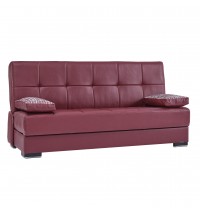 75" Burgundy Faux Leather And Brown Convertible Futon Sleeper Sofa With Two Toss Pillows