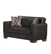 52" Brown Faux Leather Futon Convertible Sleeper Love Seat With Storage And Toss Pillows