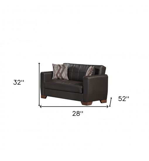 52" Brown Faux Leather Futon Convertible Sleeper Love Seat With Storage And Toss Pillows