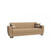 84" Beige Chenille And Brown Sleeper Sleeper Sofa With Two Toss Pillows