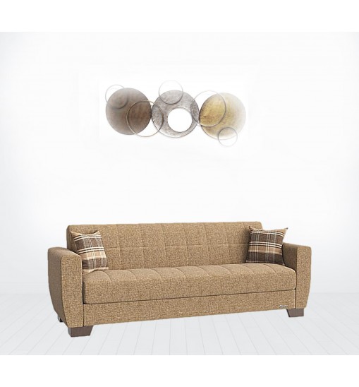 84" Beige Chenille And Brown Sleeper Sleeper Sofa With Two Toss Pillows