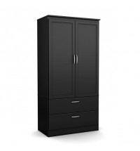 Modern Two Door Wardrobe Armoire with Two Drawers and Hanging Rod Storage, Black