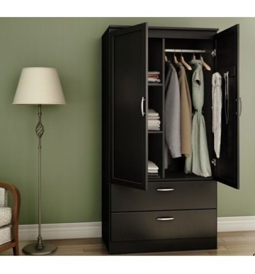 Modern Two Door Wardrobe Armoire with Two Drawers and Hanging Rod Storage, Black