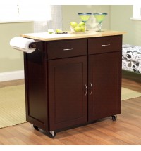 43-inch W Portable Kitchen Island Cart with Natural Wood Top in Espresso