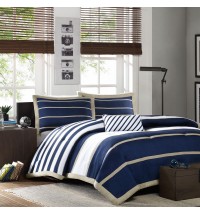 Full / Queen size Comforter Set in Navy Blue White Khaki Stripe