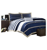 Full / Queen size Comforter Set in Navy Blue White Khaki Stripe