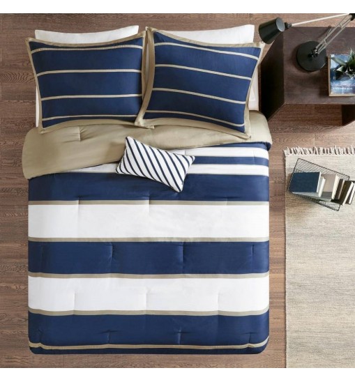 Full / Queen size Comforter Set in Navy Blue White Khaki Stripe