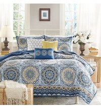 Queen size 6-Piece Coverlet Quilt Set in Blue Floral Pattern