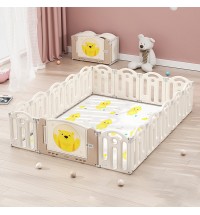 Bear Beige White Color Foldable Playpen, Baby Safety Play Yard With Fence Indoor Toys With Play mat 16panel and 1 play mat