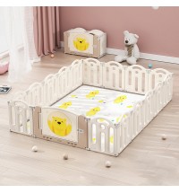 Bear Beige White Color Foldable Playpen, Baby Safety Play Yard With Fence Indoor Toys With Play mat 16panel and 1 play mat