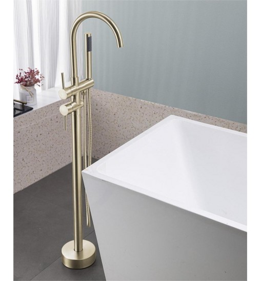 Floor Mount Bathtub Faucet Freestanding Tub Filler Brushed Gold Standing High Flow Shower Faucets with Handheld Shower Mixer Taps Swivel Spout