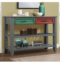 Console Sofa Table with 2 Storage Drawers and 2 Tiers Shelves, Mid-Century Style 42'' Solid Wood Buffet Sideboard for Living Room Furniture Kitchen Dining Room Entryway Hallway, Antique Grey + Drawer