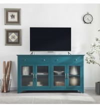 66" TV Console, Storage Buffet Cabinet, Sideboard with Glass Door and Adjustable Shelves, Console Table, Teal Blue