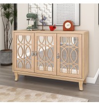 TREXM Sideboard with Glass Doors, 3 Door Mirrored Buffet Cabinet with Silver Handle for Living Room, Hallway, Dining Room (Natural Wood Wash)