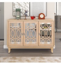 TREXM Sideboard with Glass Doors, 3 Door Mirrored Buffet Cabinet with Silver Handle for Living Room, Hallway, Dining Room (Natural Wood Wash)