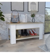 Austin Storage Table; One Extendable Table Shelf; Four Legs; Lower Shelf -Light Oak / White