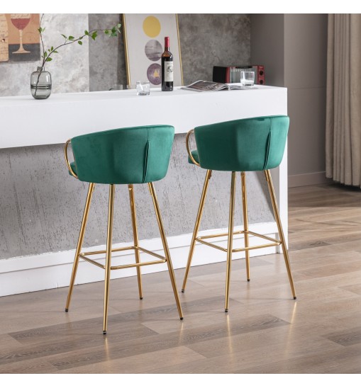 30 Inch Set of 2 Bar Stools,with Chrome Footrest and Base Velvet + Golden Leg Simple Bar Stool,GREEN