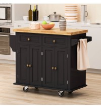 Kitchen Island Cart with Two Storage Cabinets and Two Locking Wheels, 43.31 Inch Width, 4 Door Cabinet and Two Drawers, Spice Rack, Towel Rack (Black)