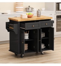 Kitchen Island Cart with Two Storage Cabinets and Two Locking Wheels, 43.31 Inch Width, 4 Door Cabinet and Two Drawers, Spice Rack, Towel Rack (Black)
