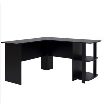 FCH L-Shaped Wood Right-angle Computer Desk with Two-layer Bookshelves Black