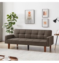 Brown Linen Sofa Bed, Convertible Sleeper Sofa with Arms, Solid Wood Feet and Plastic Centre Legs