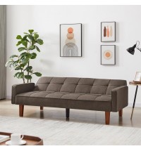 Brown Linen Sofa Bed, Convertible Sleeper Sofa with Arms, Solid Wood Feet and Plastic Centre Legs