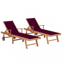 Sun Loungers 2 pcs with Wine Red Cushion Solid Teak Wood