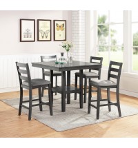 Classic Dining Room Furniture Gray Finish Counter Height 5pc Set Square Dining Table w Shelves Cushion Seat Ladder Back High Chairs Solid wood
