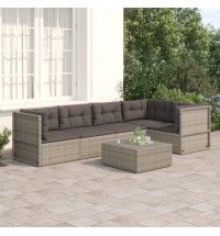 5 Piece Patio Lounge Set with Cushions Gray Poly Rattan