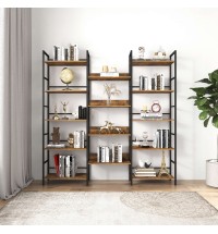 Triple Wide 5-shelf Bookshelves Industrial Retro Wooden Style Home and Office Large Open Bookshelves, Rustic Brown, 69.3''W x 11.8''D x 70.1''H