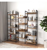 Triple Wide 5-shelf Bookshelves Industrial Retro Wooden Style Home and Office Large Open Bookshelves, Rustic Brown, 69.3''W x 11.8''D x 70.1''H