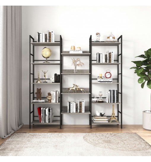 Triple Wide 5-shelf Bookshelves Industrial Retro Wooden Style Home and Office Large Open Bookshelves, Grey, 69.3"W x 11.8"D x 70.1"H