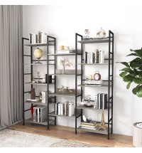 Triple Wide 5-shelf Bookshelves Industrial Retro Wooden Style Home and Office Large Open Bookshelves, Grey, 69.3"W x 11.8"D x 70.1"H